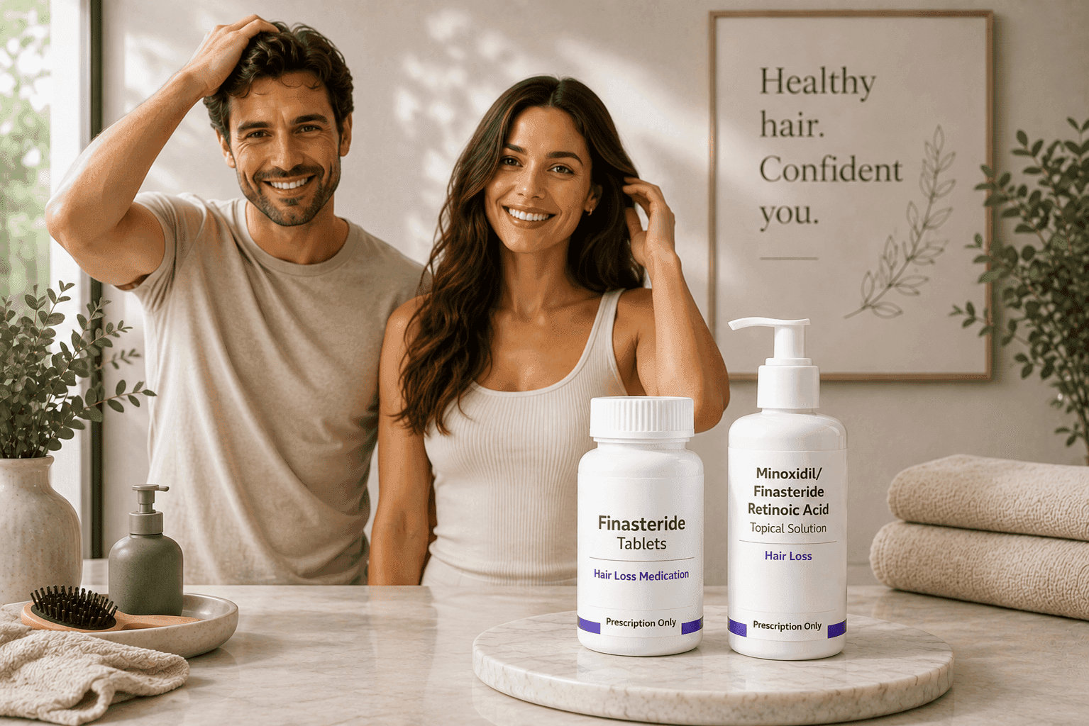 Finasteride tablets and a minoxidil topical solution on a counter beside a couple