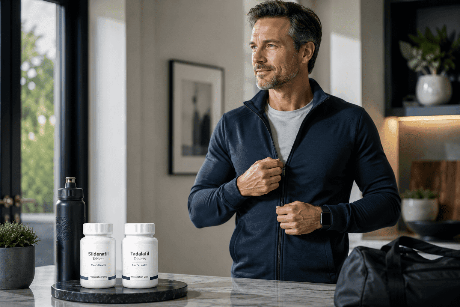 Sildenafil and tadalafil tablets on a kitchen counter beside a man zipping a training jacket
