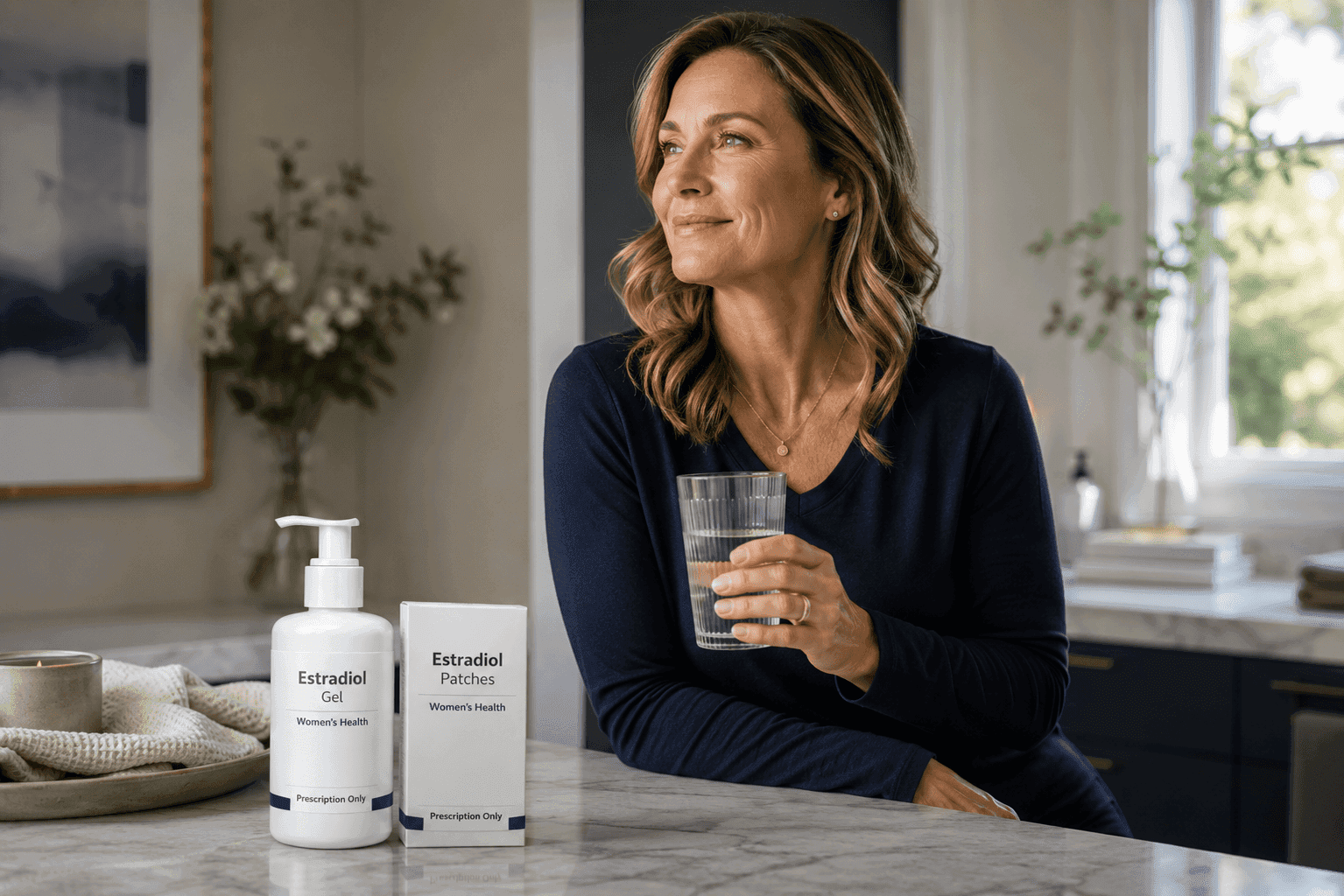 Estradiol gel and patches on a counter beside a woman holding a glass of water