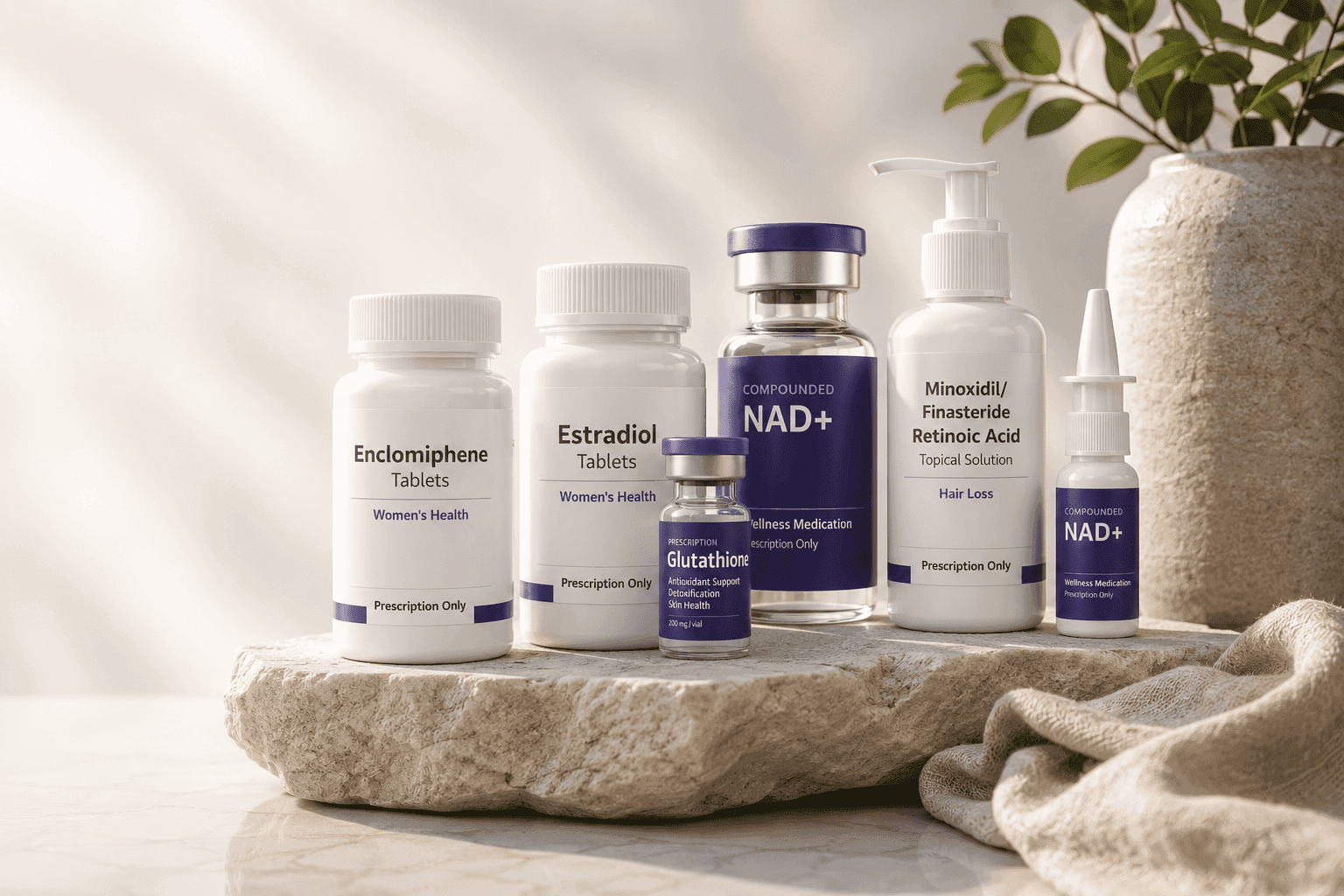 Branded treatment bottles arranged on a stone ledge