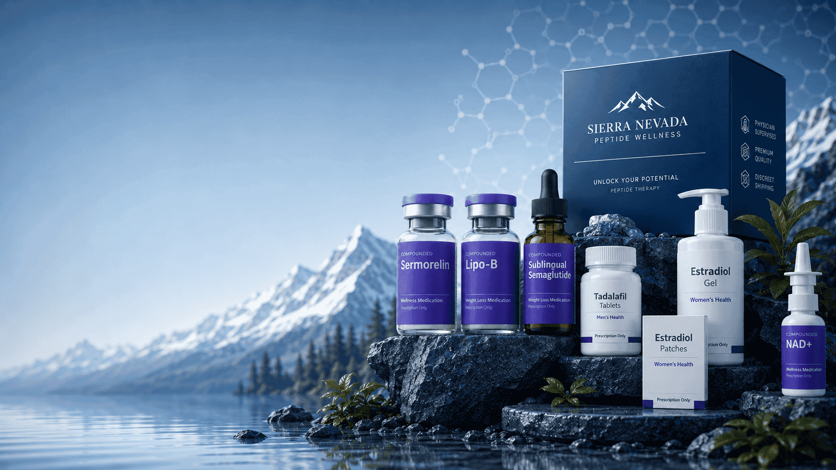 Sierra Nevada Peptide Wellness peptide vials staged on stone above an alpine lake