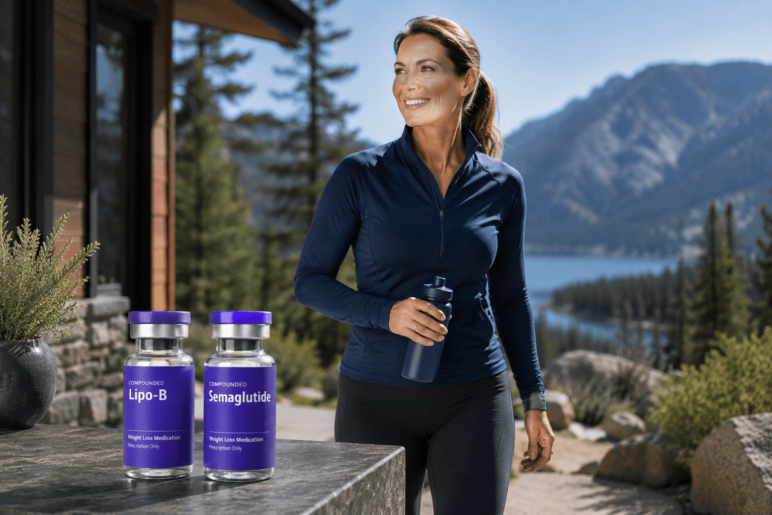 Compounded Lipo-B and semaglutide vials on a counter above a mountain lake